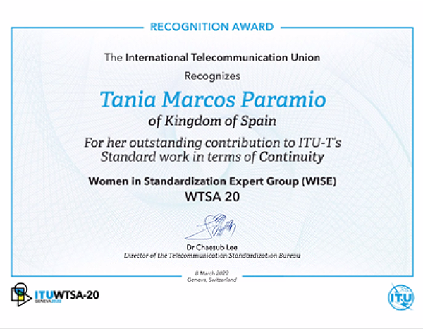 The ITU recognises the contribution to standardisation of UNE's Tania Marcos on International Women's Day